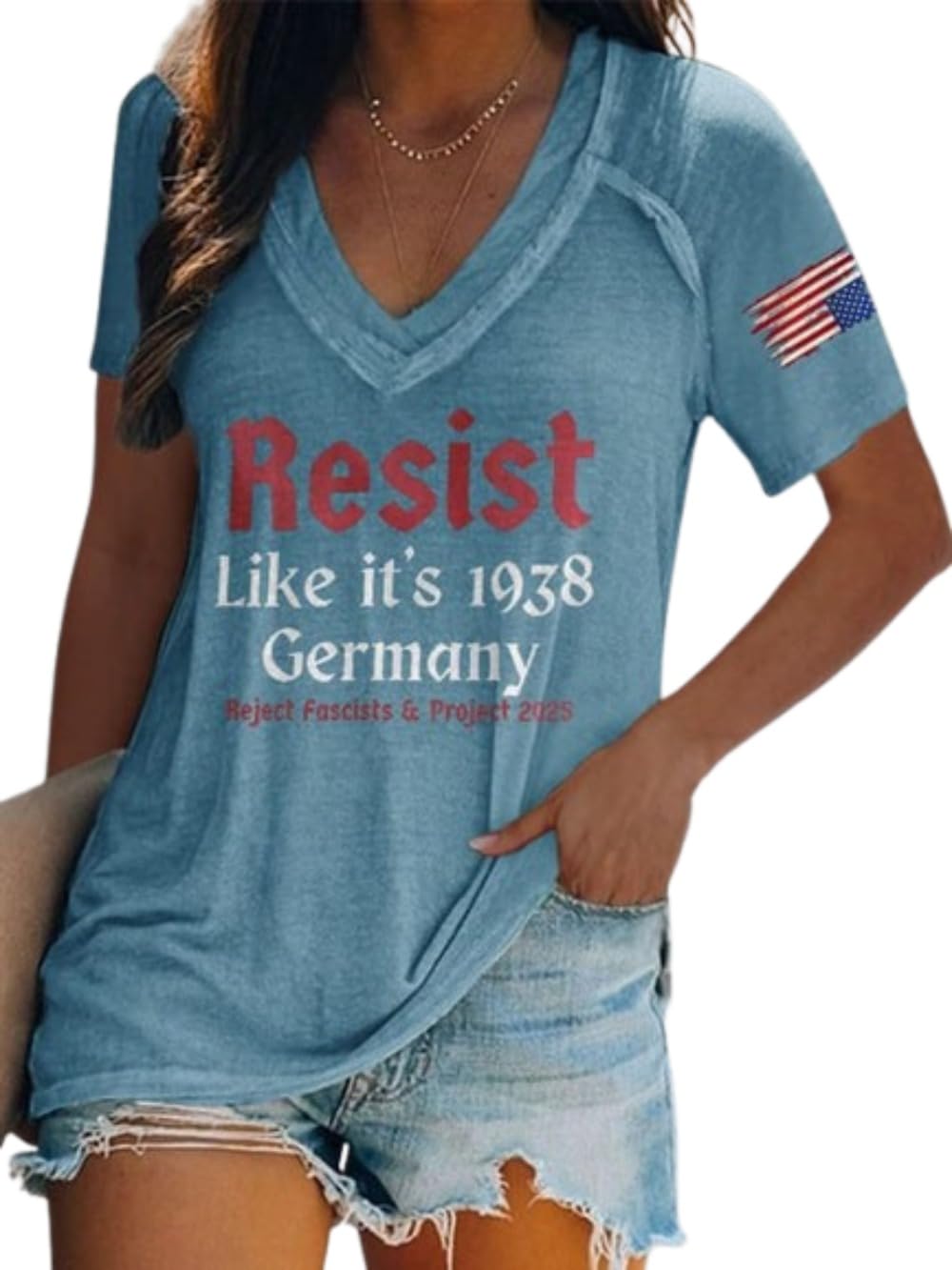 Resist Like It's 1938 Germany Tshirt Reject Fascism Project FDT Shirt 1938 Resist Freedom Democracy 2051 Germany American Flag Project Tee Retro Vneck Women